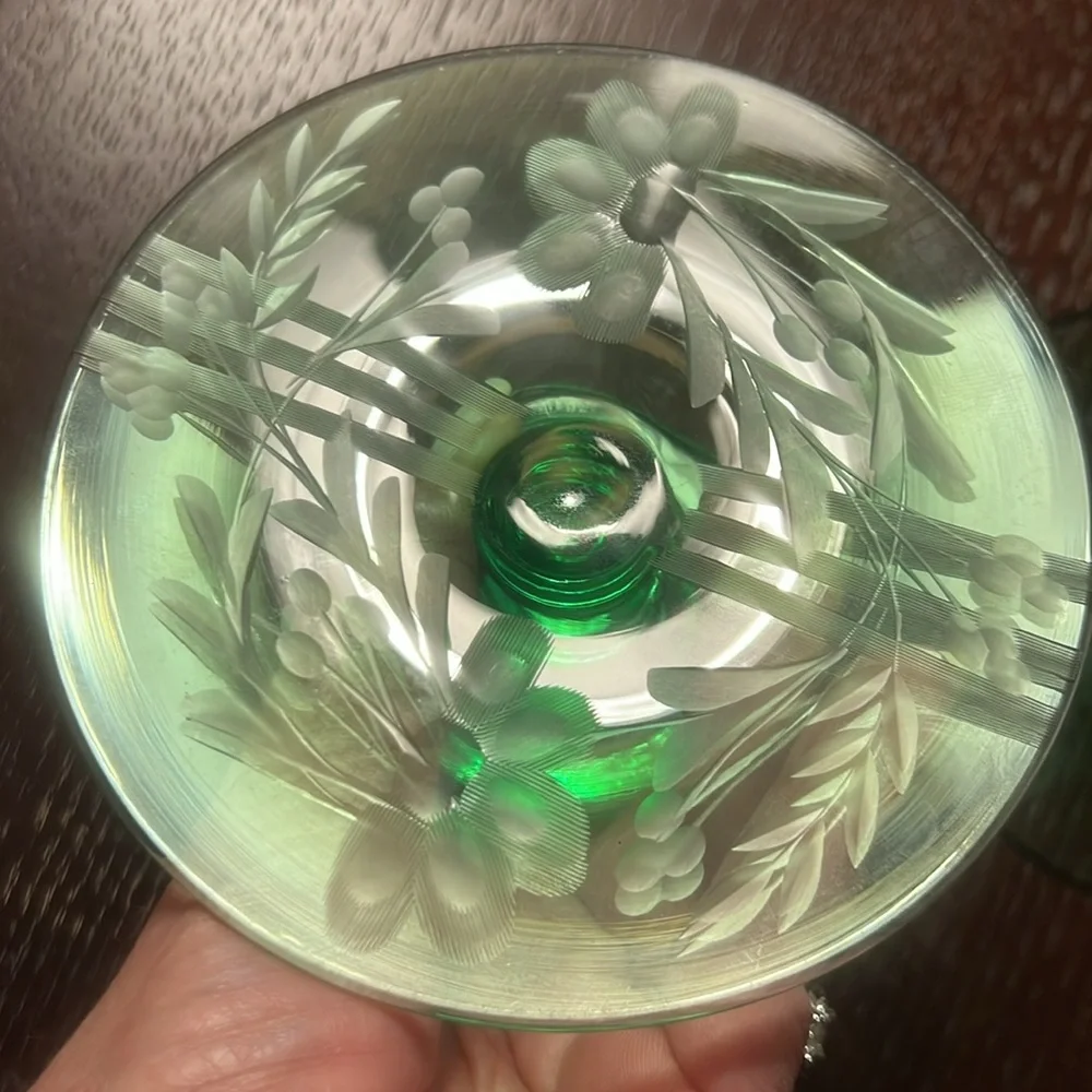 Pair Vintage Uranium Depression Glass Etched Green Taper Candlesticks